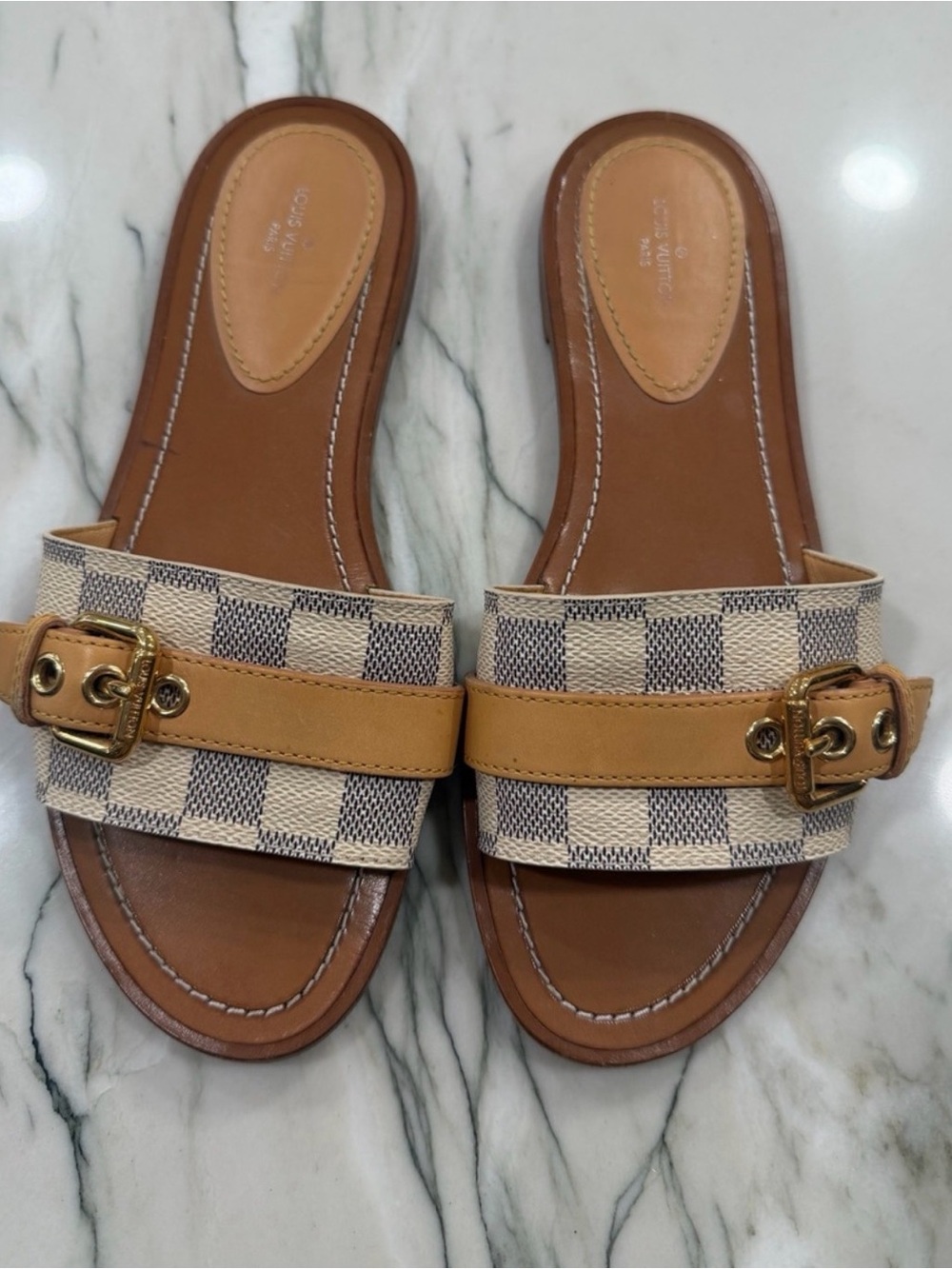 Louis Vuitton Brown Tan and Cream Damier Slide Sandals